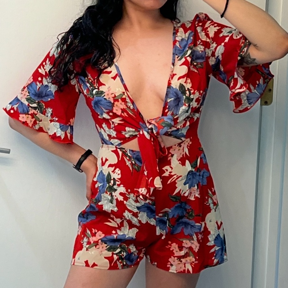 Missguided Red & Blue Floral Tie-Front Romper